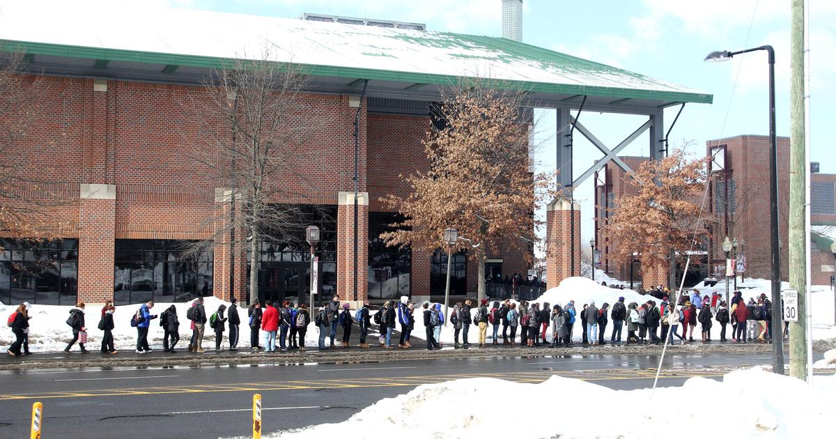 UMassAmherst's tweet photo. Students at Mullins Box Office this morning for free tix to Saturday's “Bring the Spring!” with Juicy J, Kesha, more http://t.co/gqv7wBDflU