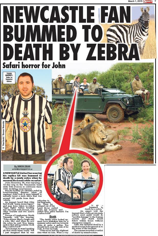 Ventilador B HKArXW0AA7ohl A Newcastle vestindo um kit réplica Magpies foi morto por uma zebra no safari [Sunday Sport]