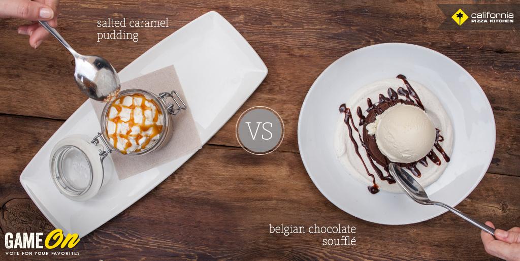 calpizzakitchen's tweet photo. Too tempting to choose?! Reply with your vote on the Belgian Chocolate Souffle VS Salted Caramel Pudding! #CPKgameon http://t.co/XoTCtKlF5b