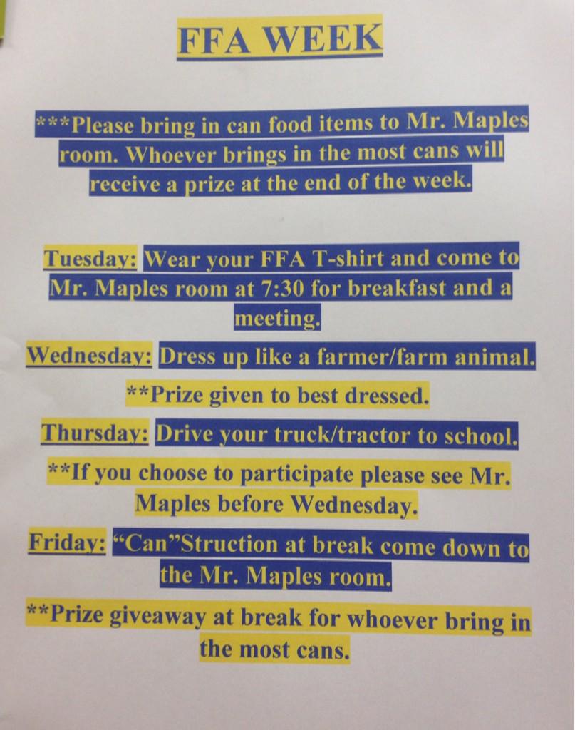 tanner_ffa's tweet photo. REMINDER: It's finally FFA Week!! Here are this week's activities. 💙💛 http://t.co/EBiNTgpKea