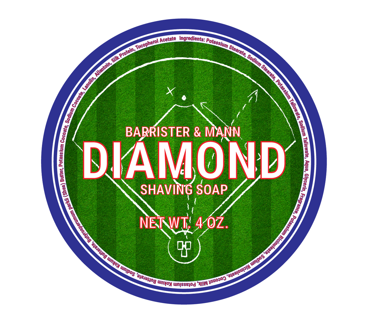 Here's the label for our upcoming Diamond shaving soap! Notes include grass, dirt, pine, caramel, and leather.