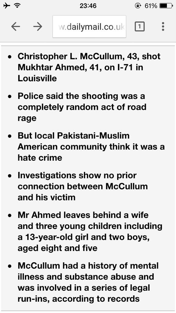 AmbMirza's tweet photo. What do we know? Another mental illness road rage excuse #LouisvilleShooting #ChapeHillShooting #houstonmosque http://t.co/zli3m5qpqL