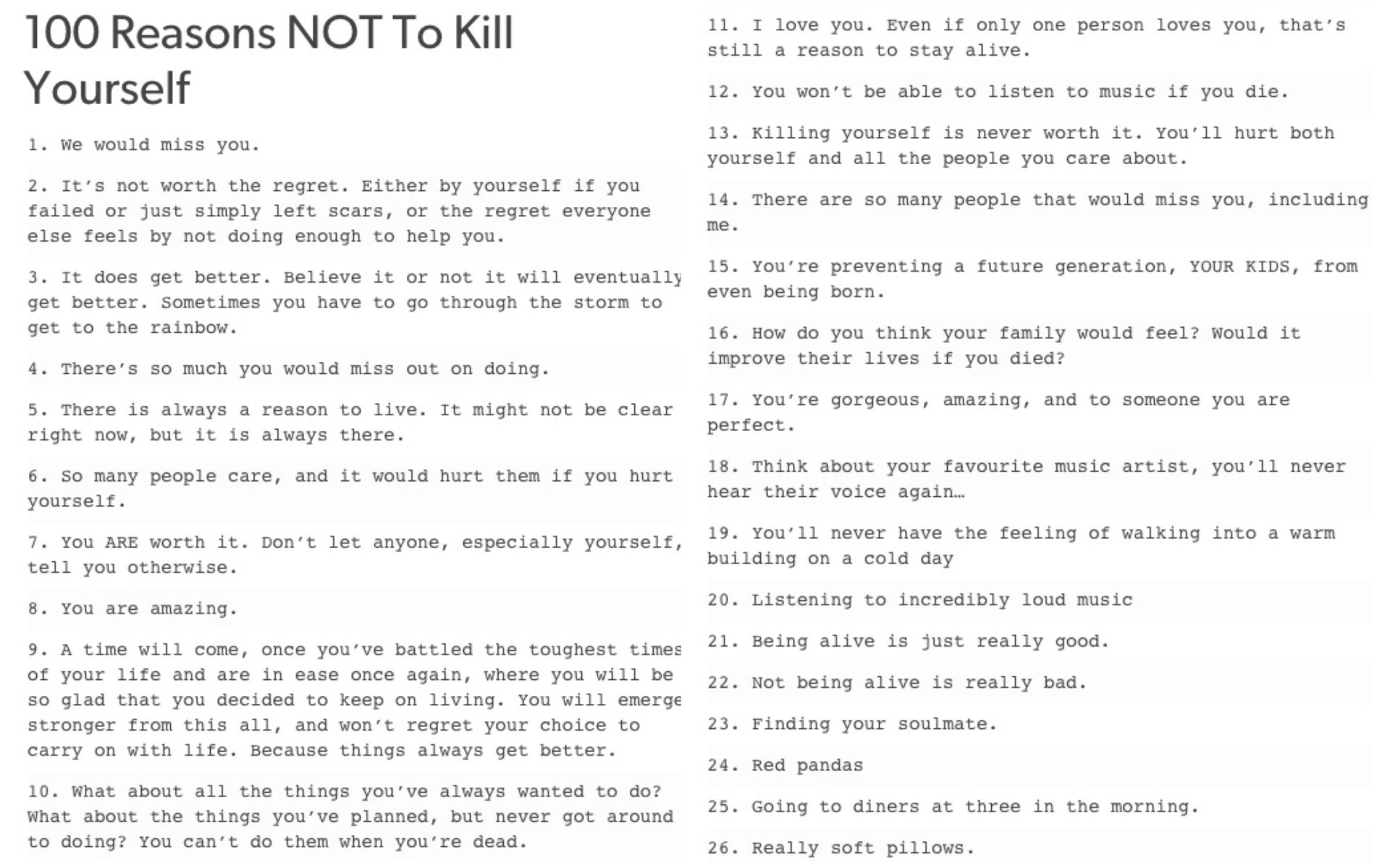 Reasons not kill yourself