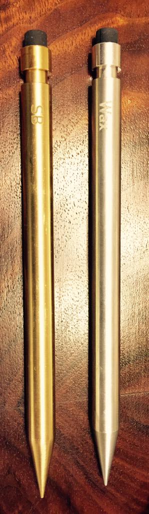 A closer look at the engraved <a href="/modernfuel/">Modern Fuel</a> brass and aluminum pencils from the @kickstarter campaign.