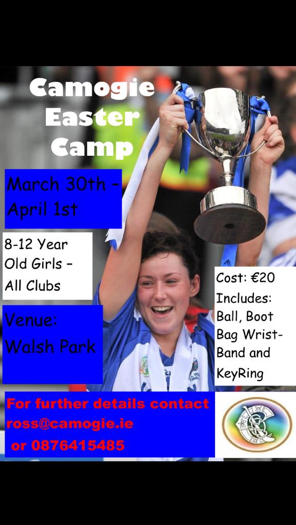 CamogDevMunster's tweet photo. @WITGAA Easter Camogie Camp 8-12 year old girls Walsh Park Mar30-Apr1st Contact ross@camogie.ie for info http://t.co/xF33kwo2KY