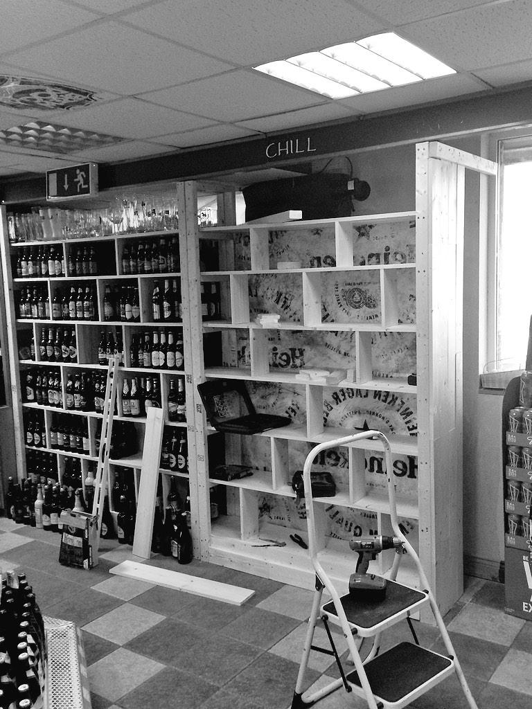 MatsonsWines's tweet photo. Craft beer shelves just about finished. Now all that's left to do is fill them! @FourCornersKM @Galvins_  #KNACKERED http://t.co/6GuBnJX2NU