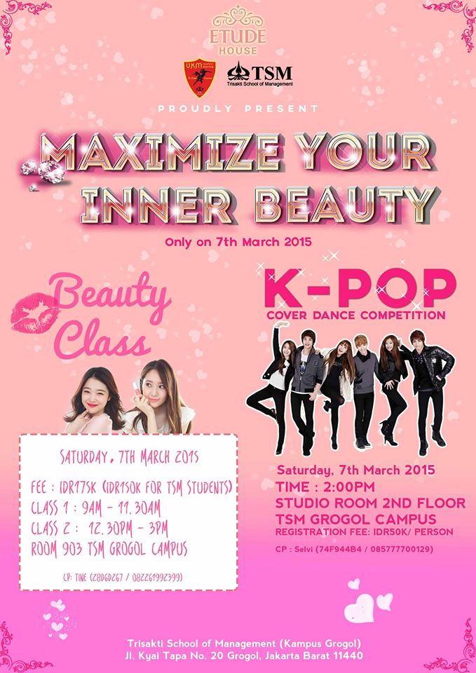 Hallo girls! We're invited you to join our BEAUTY CLASS and COVER DANCE COMPETITION. for more detail contact us :)