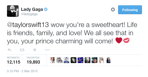 billboard's tweet image. Aww. Lady Gaga and Taylor Swift had a lovefest on Twitter: blbrd.cm/WihmpJ #Goals