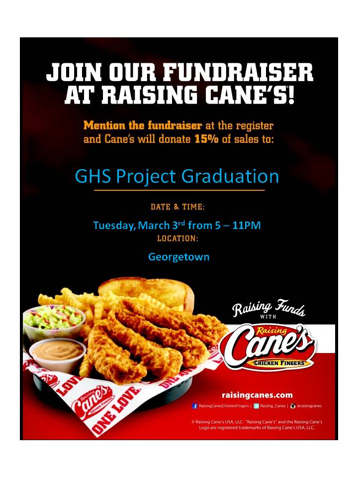 ProjectGrad's tweet image. Support your GHS class of 2015 by eating @Raising_Canes in Georgetown, TX today from 5-11pm. Mention Project Grad!