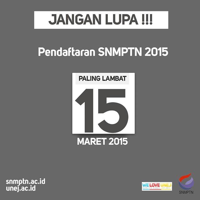 WeLoveUnej's tweet photo. [REMINDER]
Pendaftaran SNMPTN 2015 paling lambat 15 Maret 2015. 
Info : http://t.co/bH2CwACgX1 http://t.co/kVKirl8JJA
@info_SNMPTN