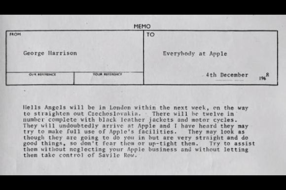 BBC6MorningShow's tweet photo. Ffrom @AlexZG4's dad when he used to work @ Apple..George Harrison's memo re Hell's Angels coming to the office http://t.co/qp7gZ57dQO