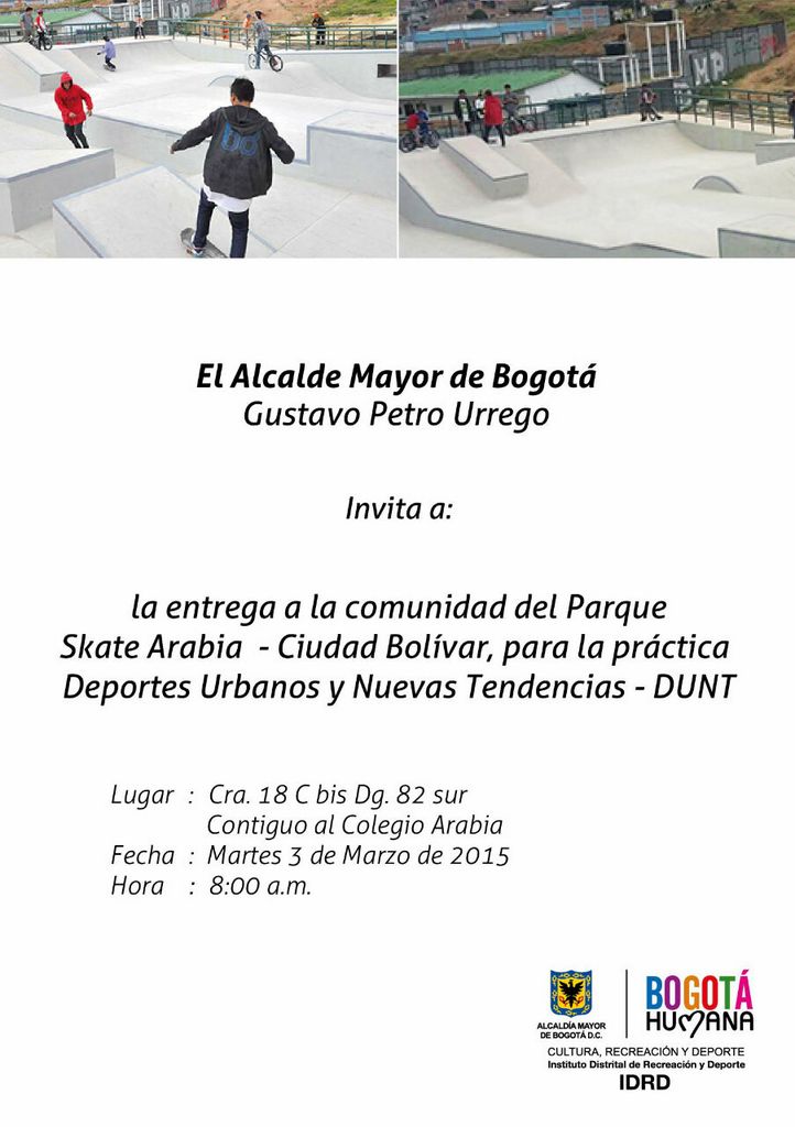 Bogota's tweet photo. RT @IDRD: #Invitación Hoy estamos entregando Parque Skate Arabia, en Ciudad Bolívar. ¡Toda la comunidad invitada! http://t.co/mJKlmBsatk