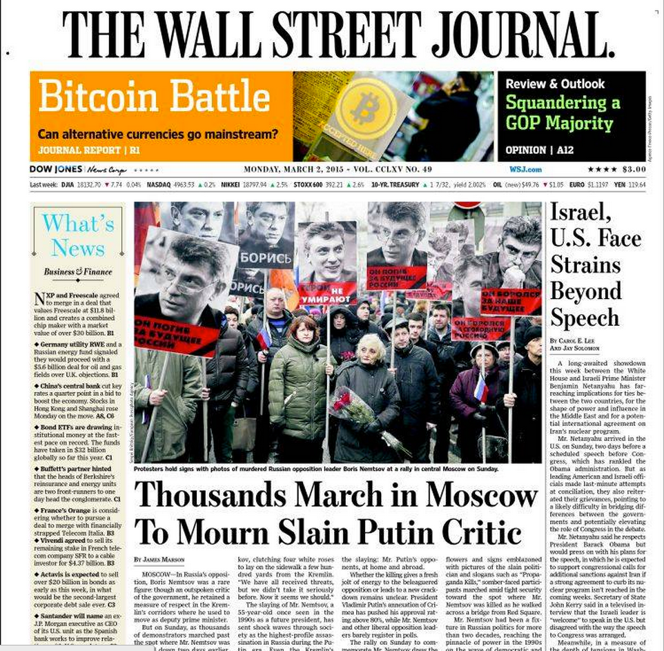 AmbasadaBitcoin's tweet photo. first page-mentioned #WallStreetJournal artcl on #BTC by 3 wrtrs = price spike ? https://t.co/EfNrHdheIh #bitcoin http://t.co/JEWuekpA48