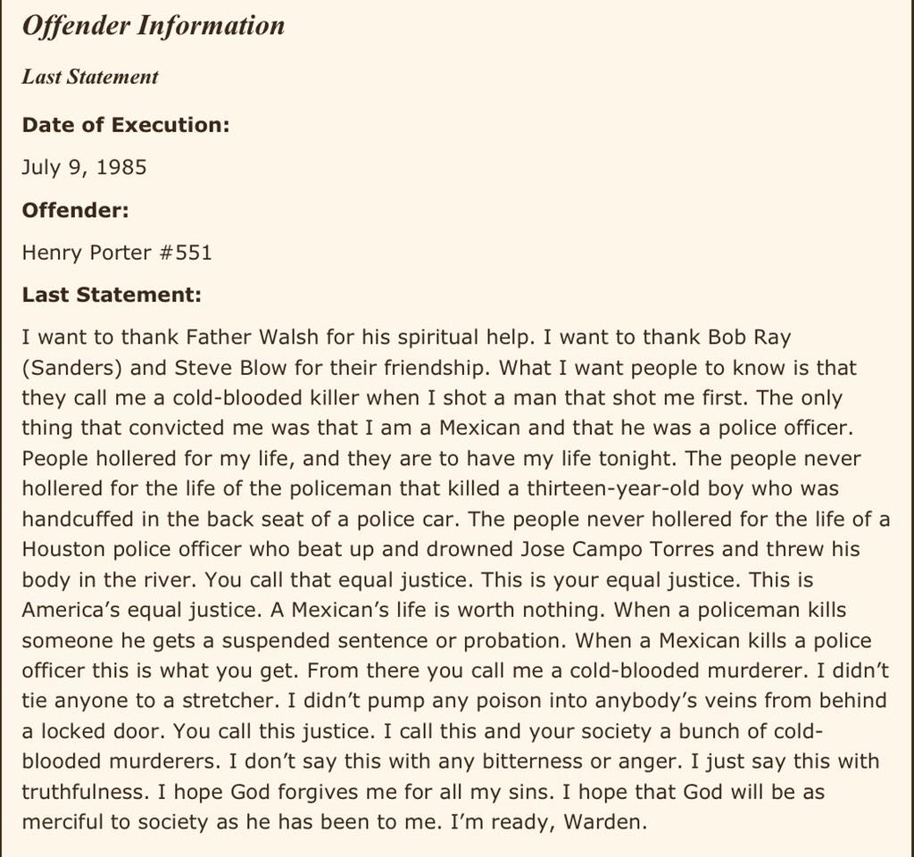 deray's tweet photo. Y'all, read the last words of Henry Porter before he was executed in Texas in 1985. http://t.co/HCeZz1HGjN
