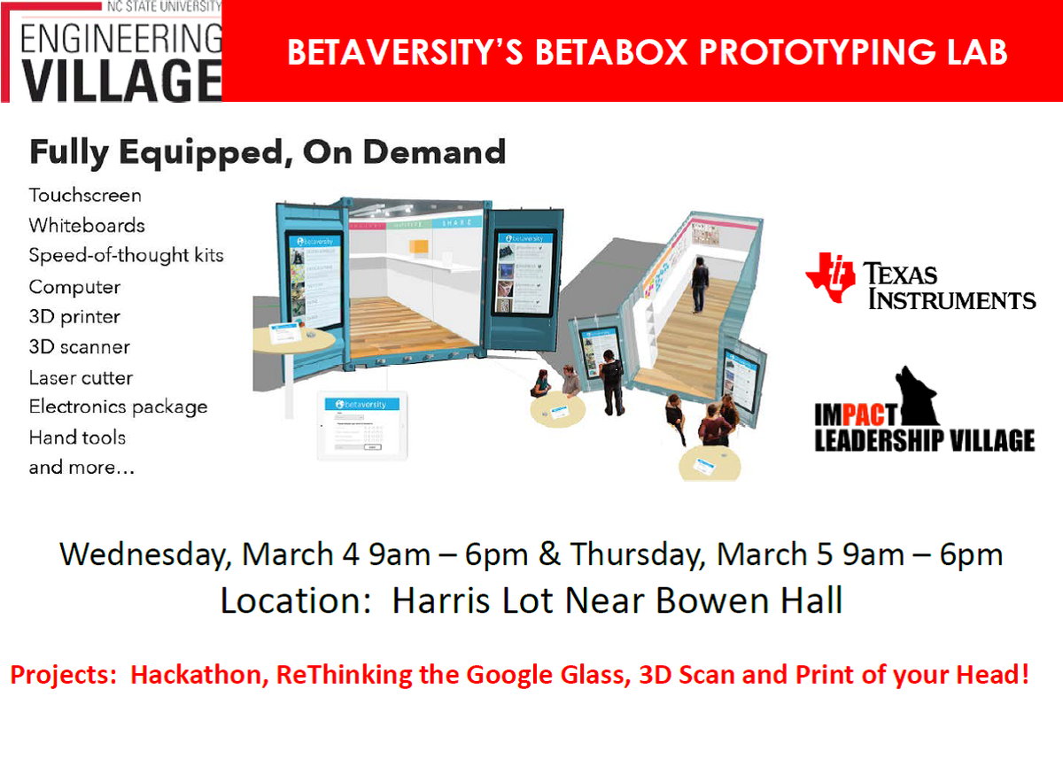 ncsuengrvillage's tweet photo. BetaBox Prototyping Lab comes to Central Campus Wednesday, March 4th and Thursday, March 5th from 9-6 http://t.co/jIFoXuLzZc