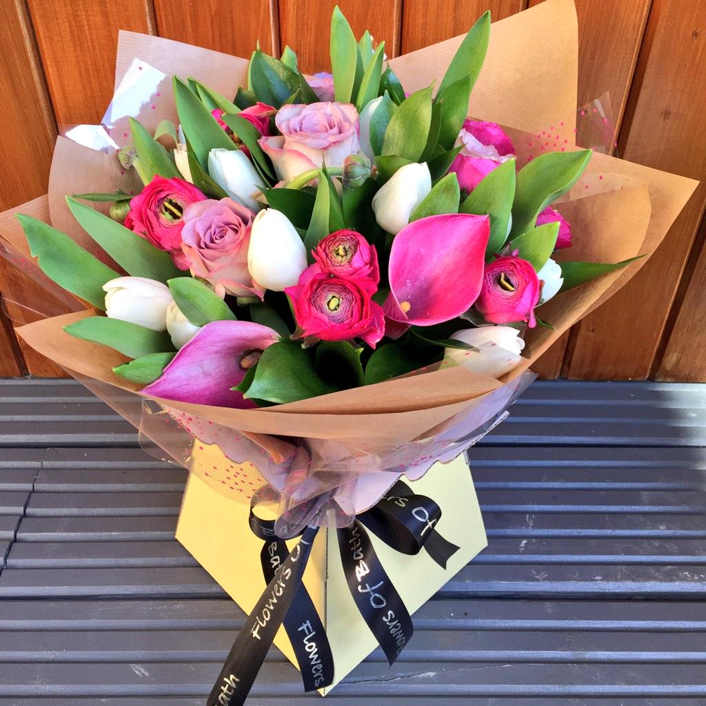 Beautiful hand tied bouquet of Ranunuclus, Calla Lily, Rose and Tulip available this Mothers Day! #nextweek <a href="/InBath/">InBath</a>