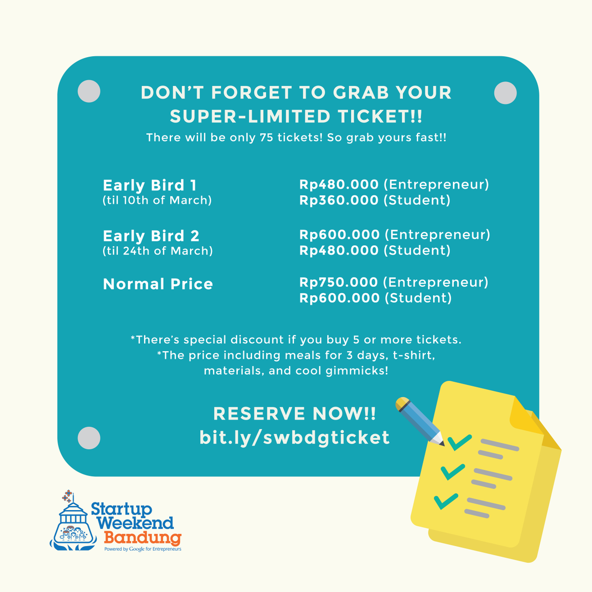 Be entrepreneur in 54 hours! Join #StarupWeekend and get 36% disc before 10/3. Limited to 75 person only. <a href="/SWBdg/">Startup Weekend Bdg</a>