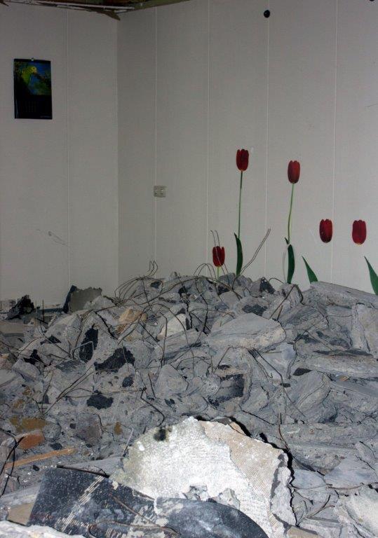 Jaren geleden de Wageningse griffie tulpen cadeau gedaan. Grappig hoe ze de verbouwing van het stadhuis trotseren.