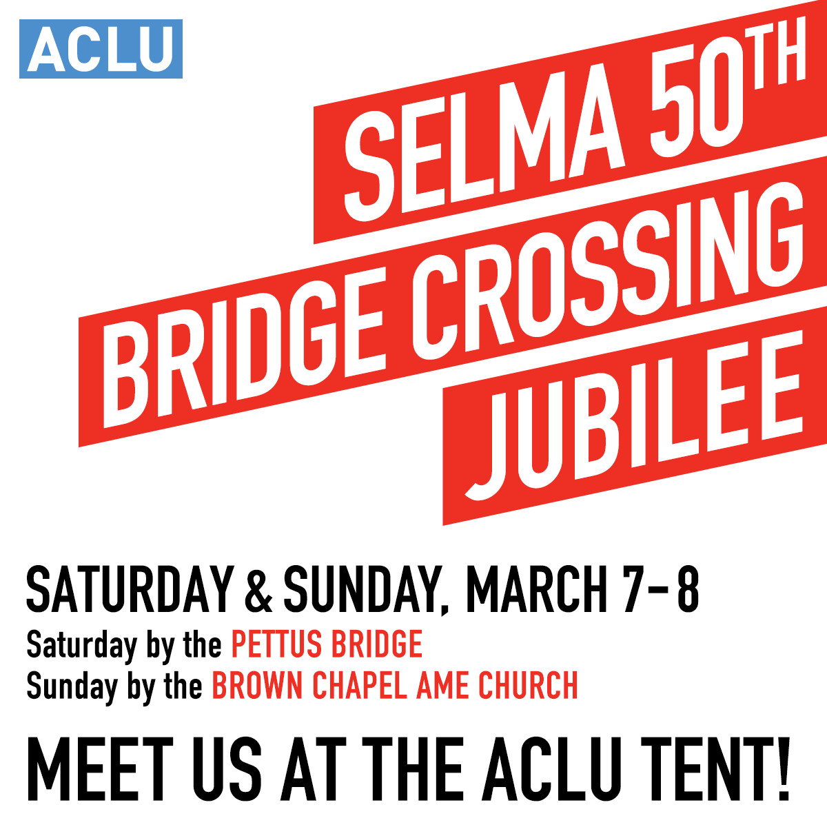 ACLU's tweet photo. ACLU will be at #Selma to honor legacy of #VotingRights. Join us!  https://t.co/q67xfeCohq #SelmaThen #SelmaNow http://t.co/ZmoZlgYiTv