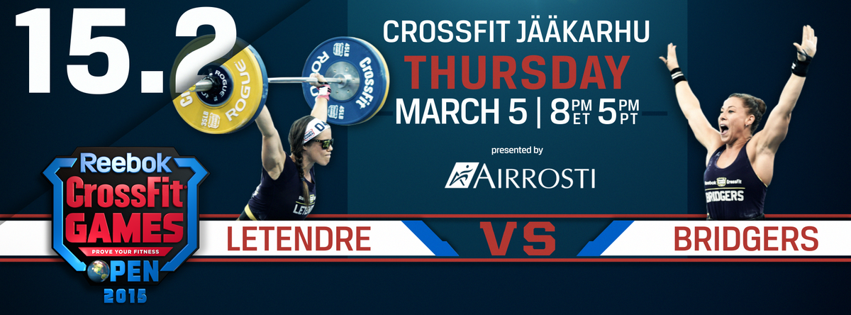 Open Workout 15.2 at 5 p.m. PT March 5  @karhustrength

<a href="/MicheleLetendre/">Michele Letendre</a> vs. <a href="/emilybridgers/">Emily Bridgers</a> 

Presented by <a href="/Airrosti/">Airrosti</a>