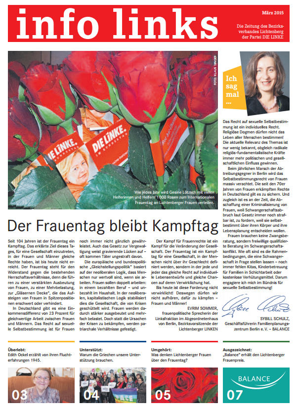 LINKE_LBerg's tweet photo. Die März-Ausgabe der "info-links" ist da. Schwerpunktthema ist natürlich der #Frauentag: http://t.co/qzVhCTKkQZ http://t.co/C2mNuKZ61P