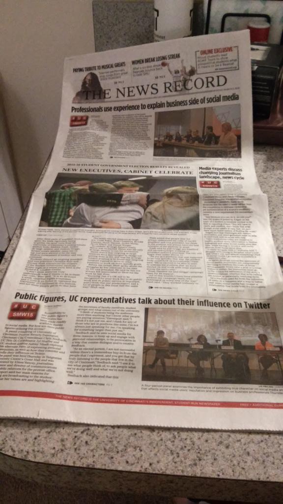 alanafrew's tweet photo. And THREE #UCSMW15 articles were on the front cover of @NewsRecord_UC yesterday. #TooAwesome http://t.co/N2GFq355Tj