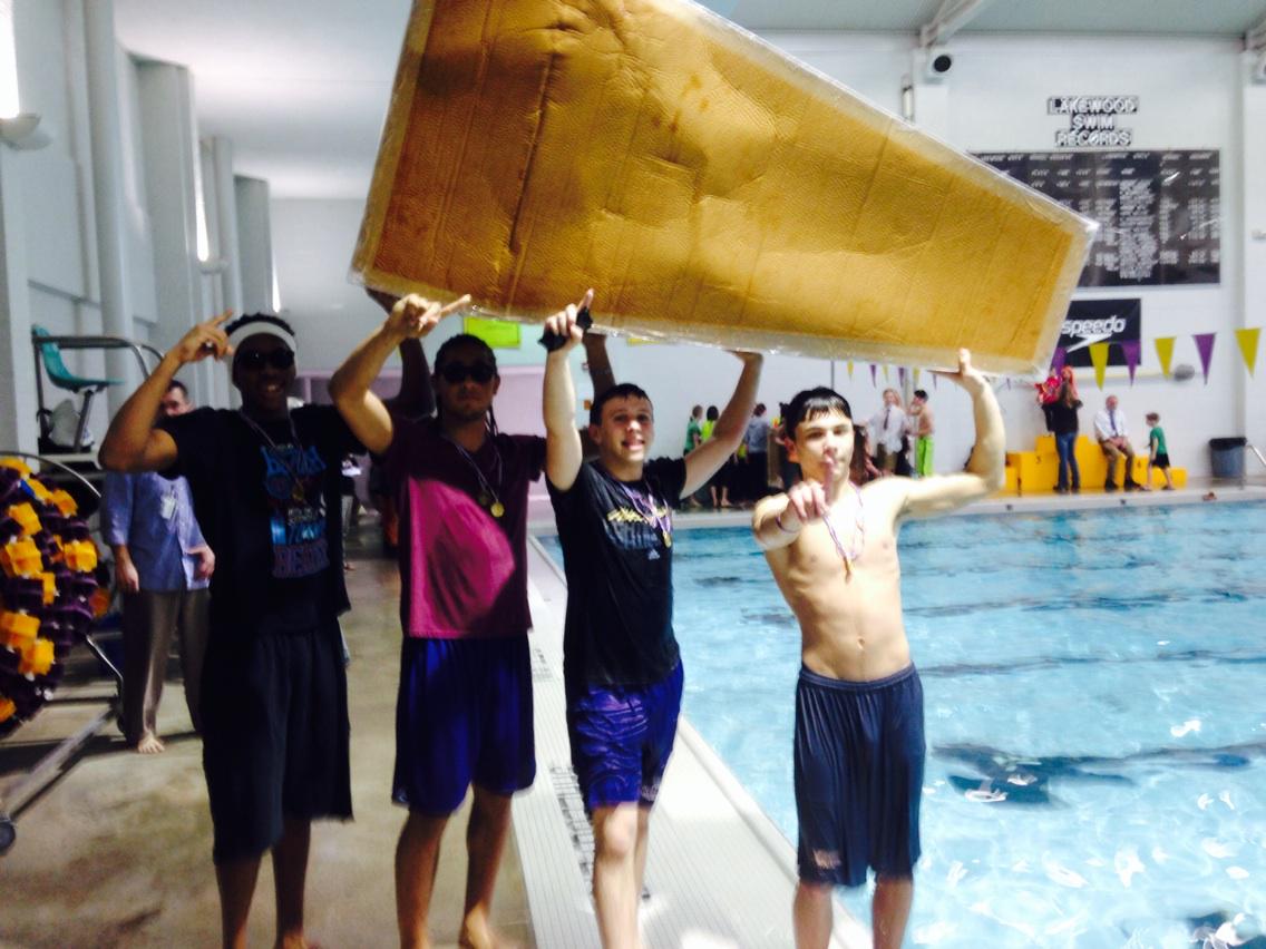 Champs of the <a href="/Lkwd_LHS/">Lakewood High School</a> Cardboard Boat Regatta! Xavier Pedro, Darian Hyre, Desmond Rollins &amp; Joe Malone. #fastestboat