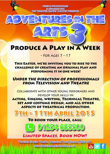 PendlePro's tweet photo. Adventure in the Arts 3 at @ThwaitesEmpire this easter! Produce a play from scratch in a week! #easter #activities http://t.co/bnfWS1Zq9x