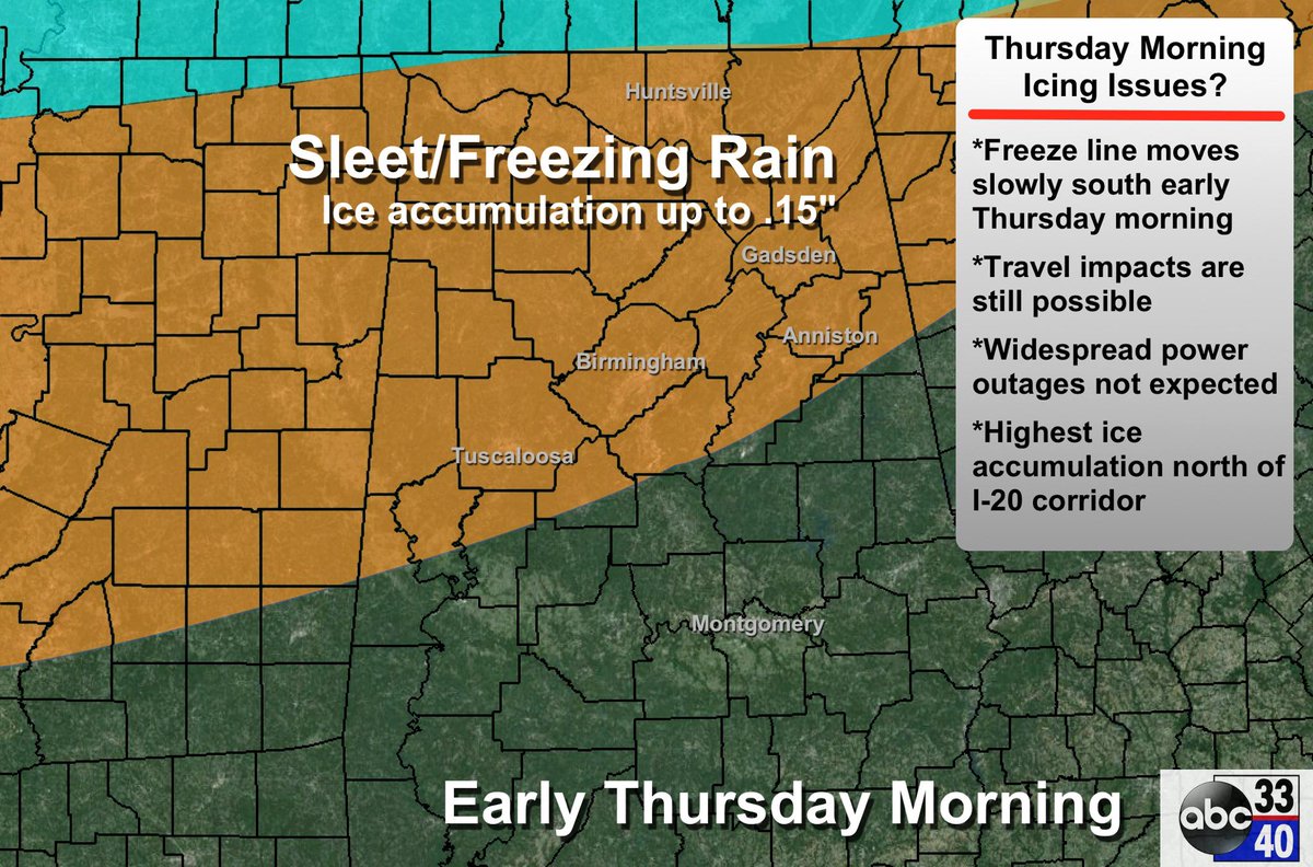 Still looking at the potential of an ice event for North/Central AL Thursday AM. A new discussion coming later today