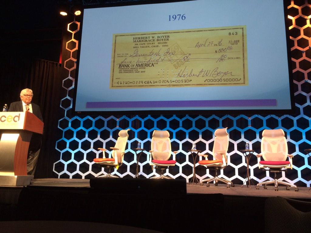davidkroll's tweet photo. Herb Boyer and wife's check that launched Genentech with that of the late Bob Swanson and his venture co.  #CEDLSC15 http://t.co/UFQbIvAGTn