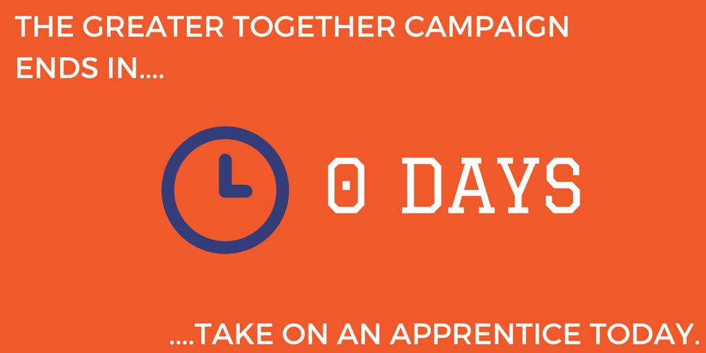 BeGreatTogether's tweet photo. The #GreaterTogether campaign ends today. Thank you to all who have been involved! #Apprenticeships http://t.co/xfIxAle8KG