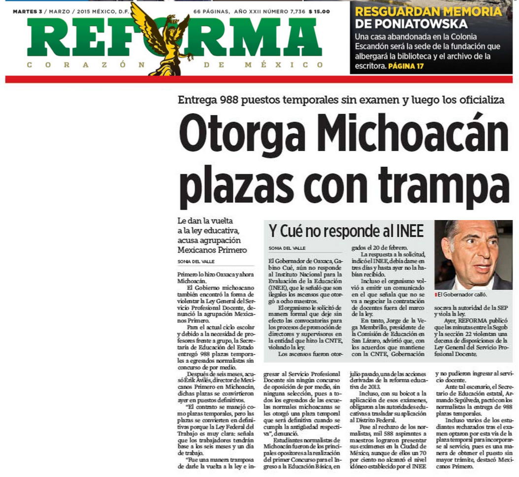 erik_aviles's tweet photo. Primera plana del Reforma: Michoacán contrata normalistas como docentes sin concurso.

@Alejandro_Ramz @ClaudioXGG http://t.co/AIdbZsUb9Z