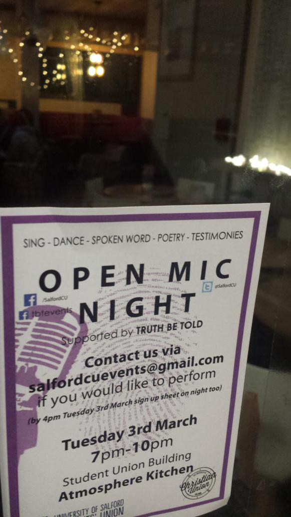 Come join us in <a href="/salfordsu/">Salford SU</a> atmosphere cafe starring soon #OpenMic #Eventsweek