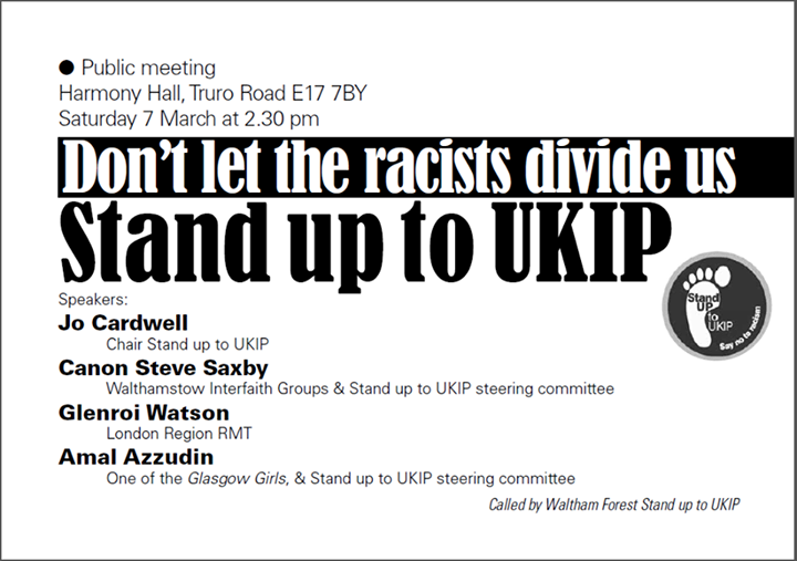 OccupyLondon's tweet photo. Stand up to #UKIP. Public meeting in Walthamstow this Sat. http://t.co/MtWs3GyLIx #olsx http://t.co/9ufZTByTbL