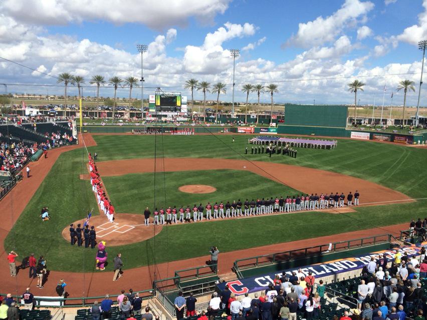 NickCaminoWKYC's tweet image. Lined up and ready to go here at Goodyear Ballpark! #Indians and #Reds opening Cactus League play.