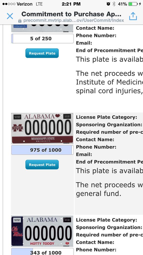 MSStateAlumni's tweet image. Only 25 more to go!! Let's do this! RESERVE YOUR TAG NOW!
 precommit.mvtrip.alabama.gov/UserCommit/Ind…