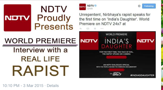 SirJadeja's tweet photo. NDTV "PROUDLY PRESENTS” A Heinous Rapist? What's The Pride For?  #NirbhayaInsulted #IndiasDaughter http://t.co/IAkxqergGs