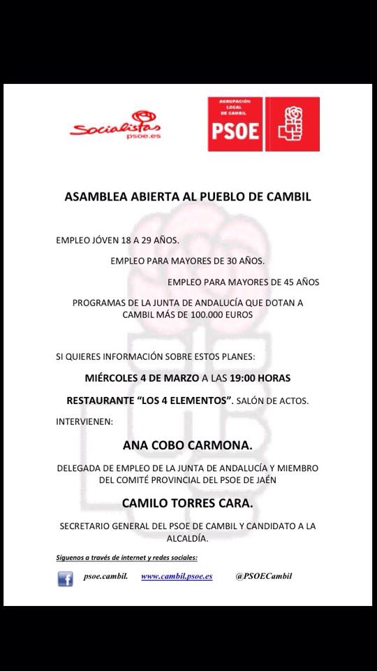 PSOECambil's tweet photo. 4 de marzo en @LOS4ELEMENTOS1 a las 7 charla sobre empleo joven, plan +30 y plan +45. Infórmate!! @atenea_oa http://t.co/lBzmlDzyay