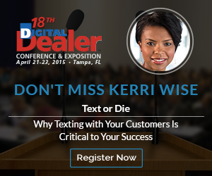 EdmundsPartner's tweet photo. Text or Die: Don’t miss Kerri Wise’s session @DigitalDealer - $100 OFF REG w/code DD18KW http://t.co/uPJU2sZVdj #DD18 http://t.co/jjiXLZowWP