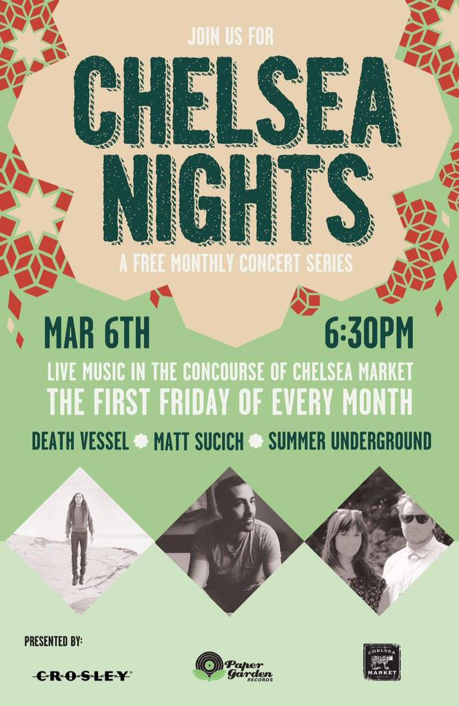 papergardenrecs's tweet photo. #ChelseaNights Friday, March 6 with @DeathVessel (solo), @EsMatteo &amp; @SummrUndrground RSVP http://t.co/DXJXtrvBuw http://t.co/toQxQ1QouH