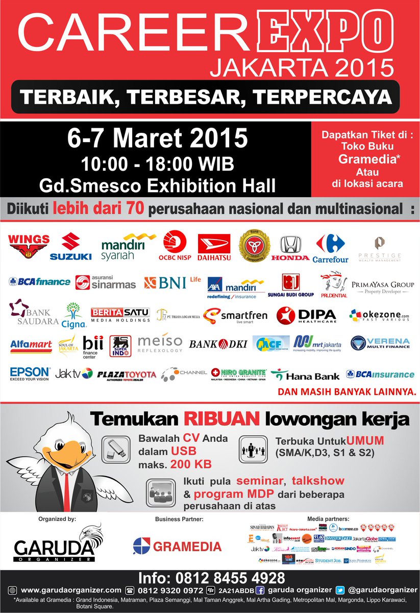 Masih nganggur? Bursa kerja CAREER EXPO JAKARTA di Smesco 6-7 Maret more info garudaorganizer.com <a href="/info_event/">Info Event Indonesia</a>