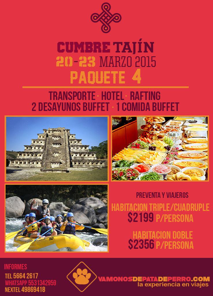 vamonosdepatade's tweet photo. @compra_yvendemx RT ÚLTIMOS LUGARES!
#Viaje a #CumbreTajin2015 
Salida df 
4 paquetes 
Info tel 56642617 http://t.co/D2Kfld6Opm