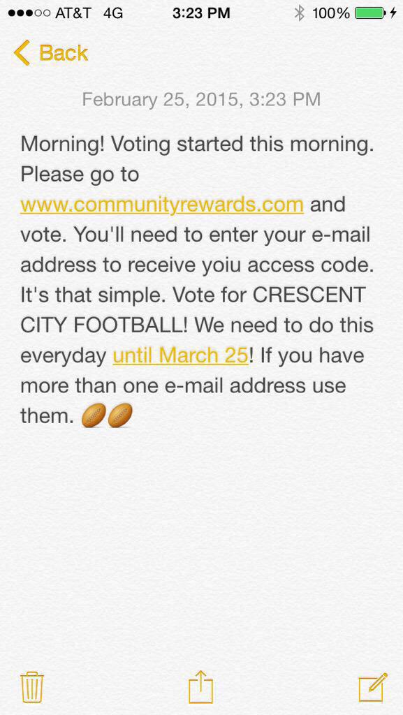 sassytee30's tweet photo. @TheEllenShow @IAmSteveHarvey @mygirlshirley @LipsbyCarla help us win, please vote for Crescent City Football team http://t.co/IUAsAAHWux