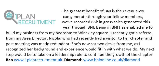 'Greatest benefit of #BNI is the revenue' Thanks Ben  #Recruitment #Preston #MyBNIStory @BNI_Diamond