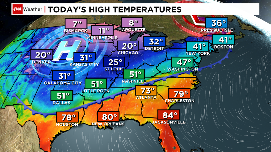 CNNweather's tweet photo. High temps range ~ 50 degrees in 500 miles – from #StLouis to #Atlanta. Winter overpowers spring once again @NewDay http://t.co/AbkBDt8uzI