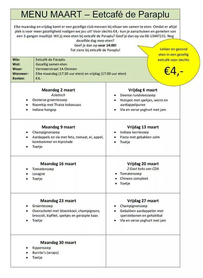 Het menu van eetcafé de Paraplu