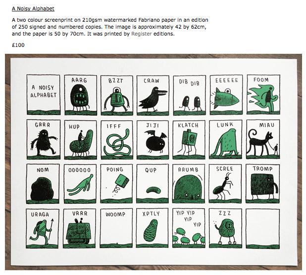 tomgauld's tweet photo. 'A Noisy Alphabet' screenprint by Tom Gauld: http://t.co/PY7eTtnAC5 http://t.co/7uEE27U2Do