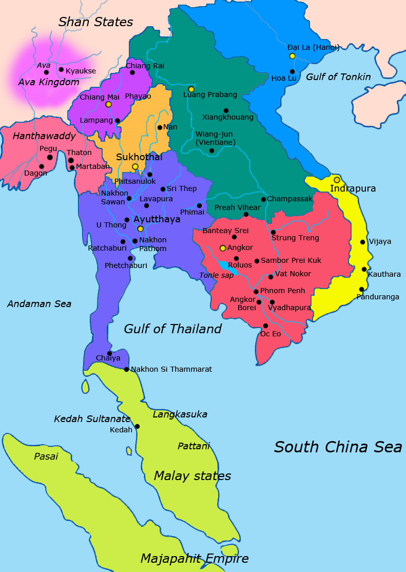 indiainpix's tweet photo. A c.1400 CE map of Southeast Asia: Most of the kingdoms pictured were Hindu/Buddhist at the time (Map: Javierfv1212) http://t.co/vjZcWR5kzH