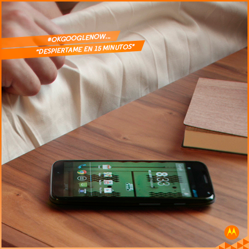 MotorolaPE's tweet photo. "#OkGoogleNow despiertame en 15 minutos." Tu #MotoX está listo para ayudarte a empezar tu día http://t.co/YmtzLzFt6i