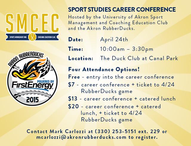 Sport Studies Career Conference. April 24 from 10-3:30. Co-hosted by <a href="/AkronRubberDuck/">Akron RubberDucks</a> Register Today!!! #uakron